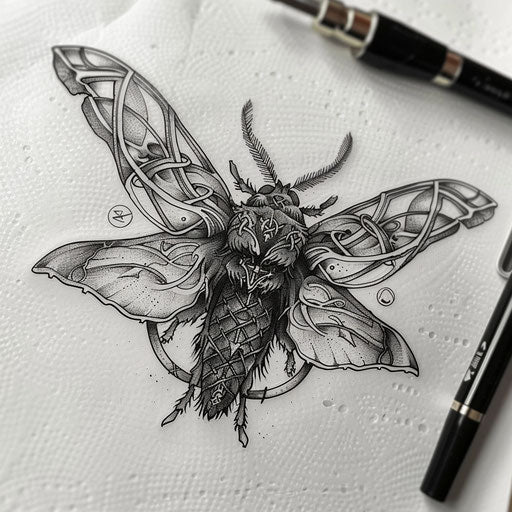 Celtic design incorporated into a death moth tattoo