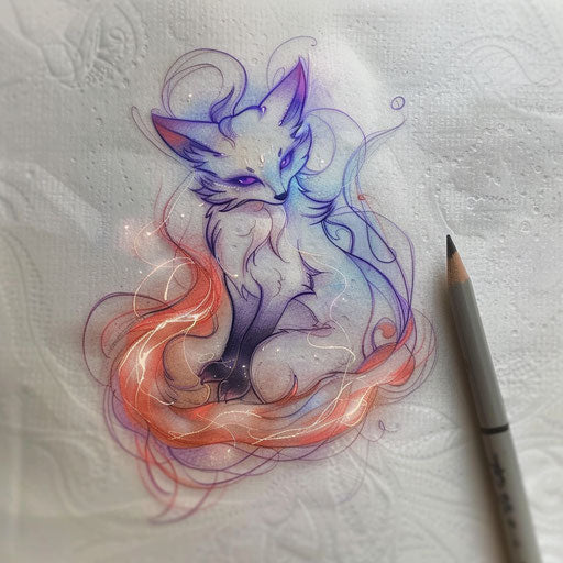 Tattoo sketch of kitsune with translucent effects and celestial glow