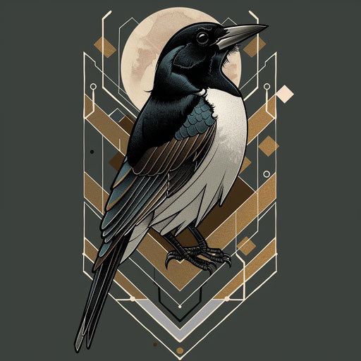 Flat tattoo sketch inspired by art deco with a magpie framed by geometric shapes