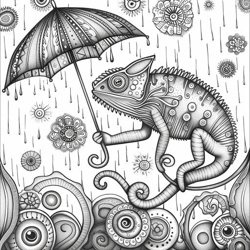 Whimsical chameleon with a tiny umbrella in a rainstorm