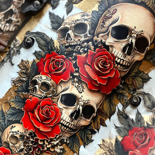 Traditional tattoo sleeve of skulls and roses with gothic details