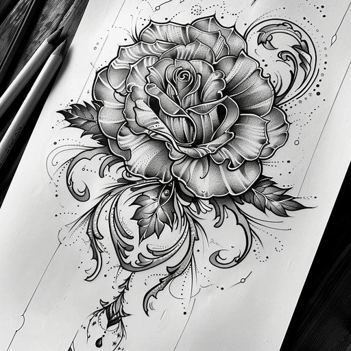Flat tattoo sketch of a gypsy rose with elegant, flowing calligraphy elements