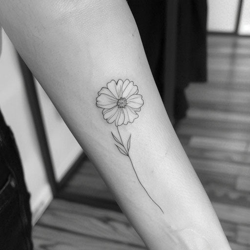 Bold monochrome tattoo sketch of cosmos flower