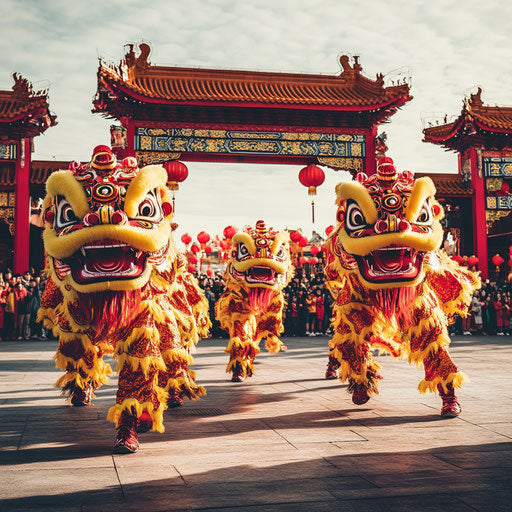Vibrant Chinese snake dance with colorful lions
