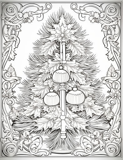 Christmas tree coloring page, retro charm style, columns and totems, instax, engraved ornaments, tapestry, mono-ha, festive atmosphere