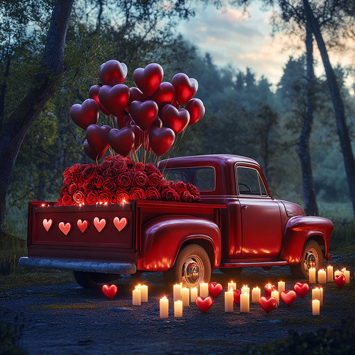 Vintage red truck filled with heart-shaped balloons and roses in an enchanted forest at dusk