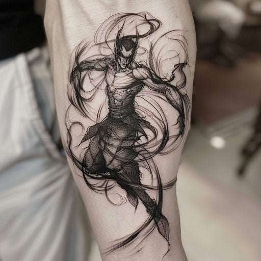 Blackwork tattoo depicting Hades in a dynamic pose, surrounded by swirling smoke, on a white background