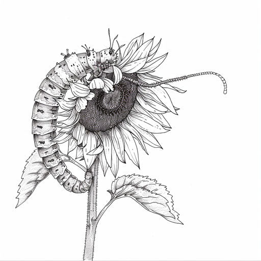 Caterpillar climbing on a sunflower stalk