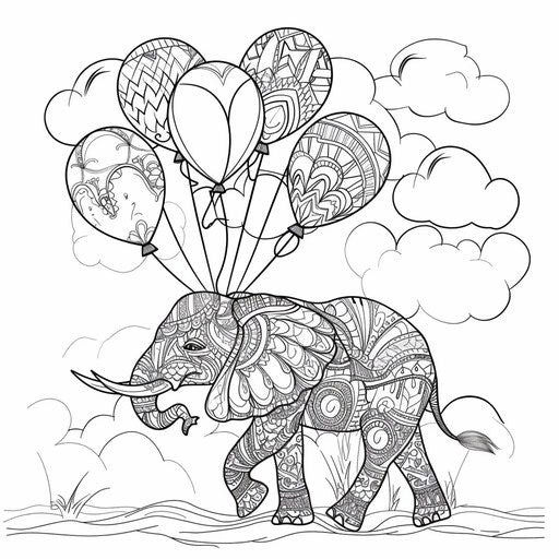 Elephant floating with balloons, whimsical scene