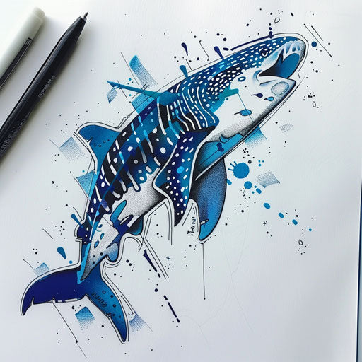 Flat tattoo of a whale shark with bold blue hues