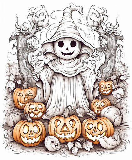 Halloween coloring page with ghosts and pumpkins