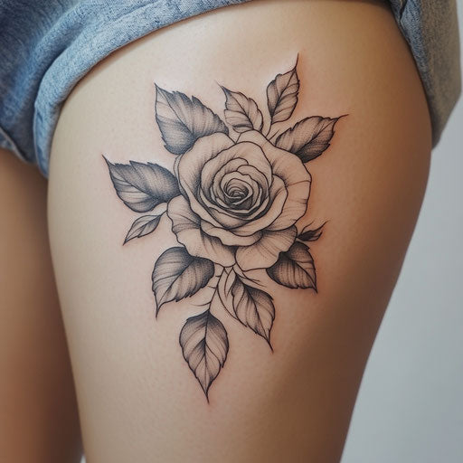 Tattoo sketch on inner thigh with realistic rose in black/grey