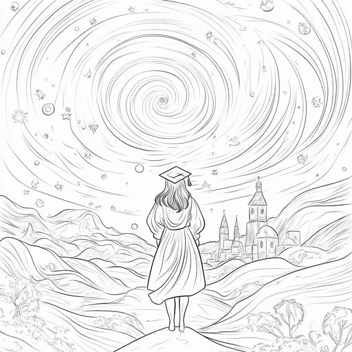 Celestial graduation scene in the style of Ruben Ireland.