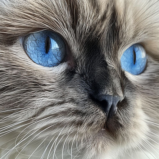 Close-up of a Himalayan cat's face with striking blue eyes