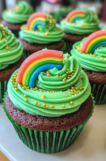 St. Patrick's Day cupcakes with green frosting and rainbow candy