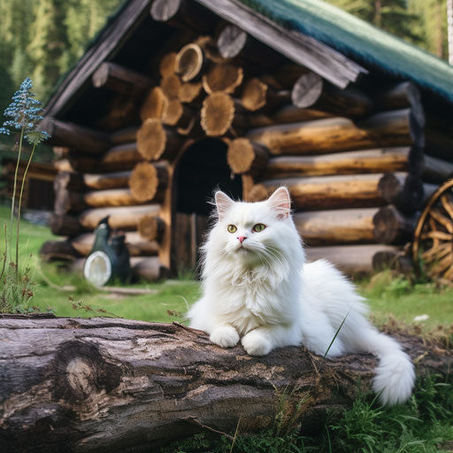 White cat sitting in front of a log cabin