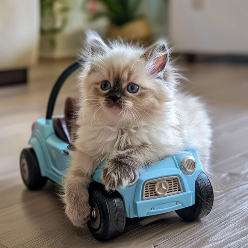 Himalayan kitten sitting in a toy car, ready for adventure