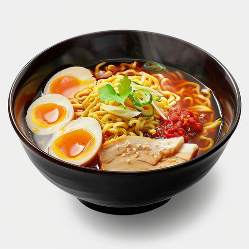 Photo-realistic style ramen clipart with flat random background, ethereal glow and soft edges