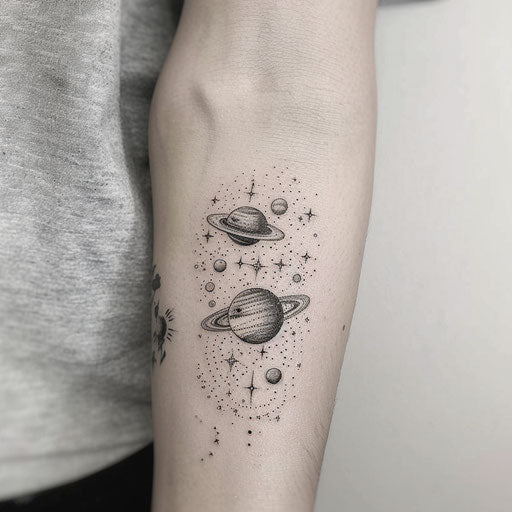 Black tattoo with space and galaxies theme, stars and planets