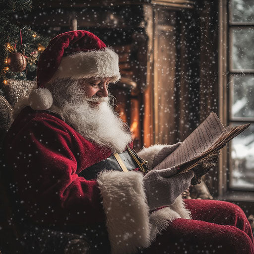 Santa Claus by fireplace, checking list with snowfall view