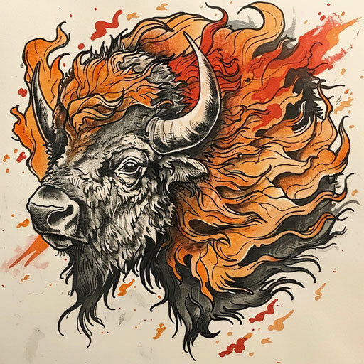 Energetic bison tattoo sketch with fiery red and orange accents