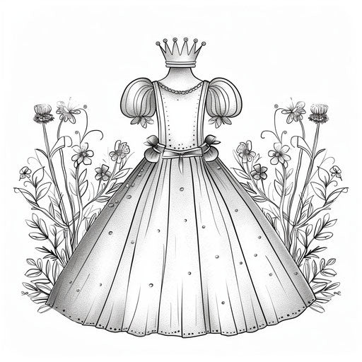 Cute princess dress with sparkles and a tiara for a fairy tale theme. Coloring book page