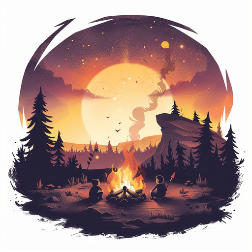 A cozy tattoo sketch of a campfire scene with friends