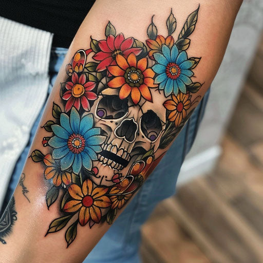 Forearm tattoos for women in the style of Ed Hardy with skulls and flowers