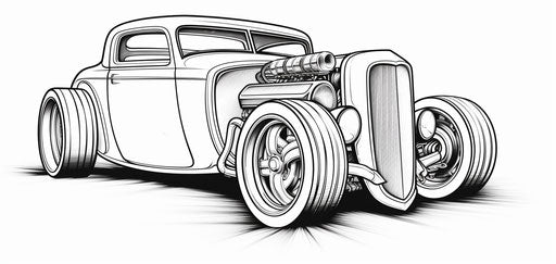 Classic Hot Rod Car Coloring Pages with Loose Painting Style