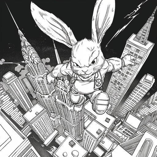 Easter bunny superhero over city skyline at night