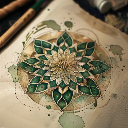 Organic tattoo sketch of the Flower of Life, green and earth tones, leaf motifs