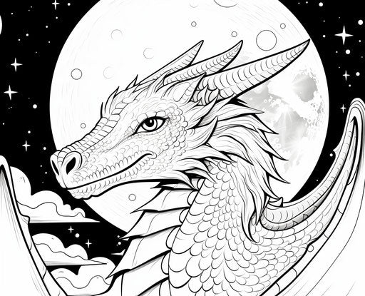 Adult coloring dragon in the stars, minimalist style