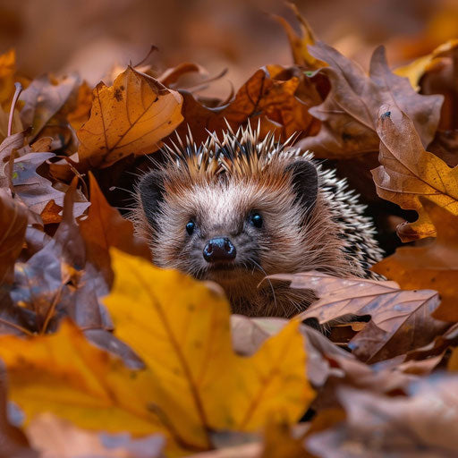 A hedgehog concealed in a pile of rustling leaves