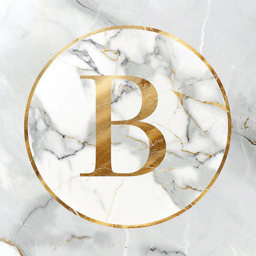 Boutique logo in white and gold with a marble background