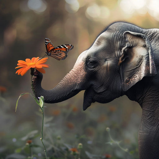A touching moment between an elephant and a butterfly