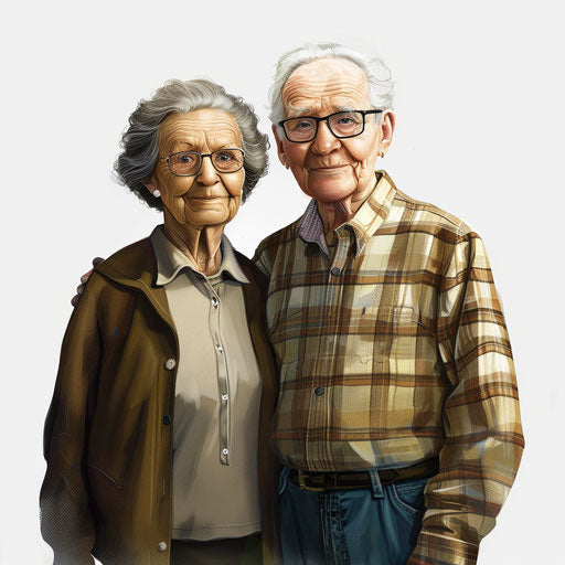 Realistic photo style clipart of grandparents on flat white background with soft lighting and detailed textures