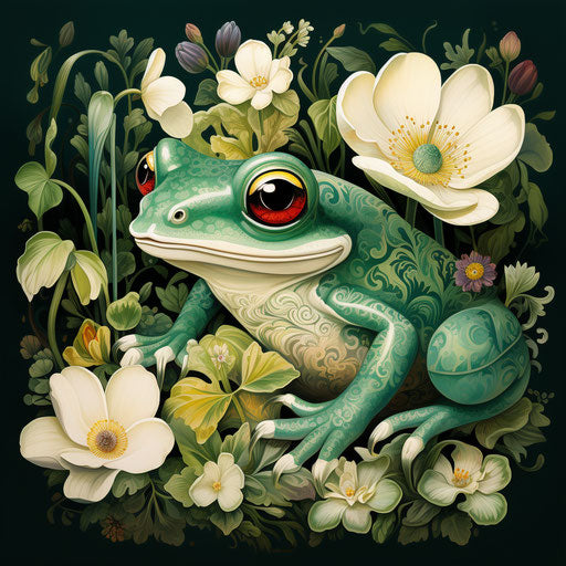 Watercolor frog on baroque-inspired flowers