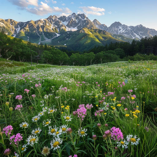 The Japanese Alps with wildflowers in the foreground