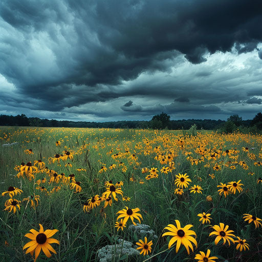 Field of yellow coneflowers under stormy sky