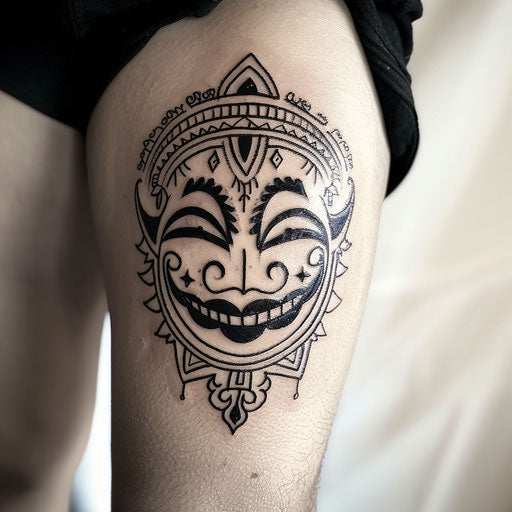 Tribal smiley face tattoo, intricate patterns, white base