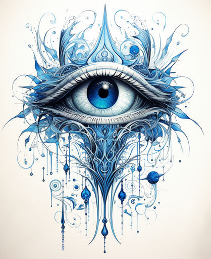 Fantasy eye tattoo, luxurious white and blue illustration