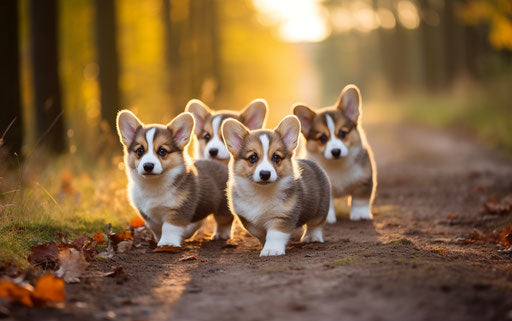Corgi puppies next to gravelled path