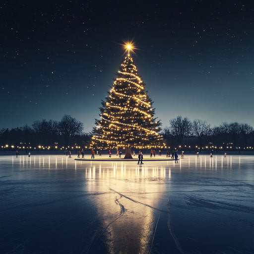 Christmas tree on frozen lake lit by spotlights, skaters