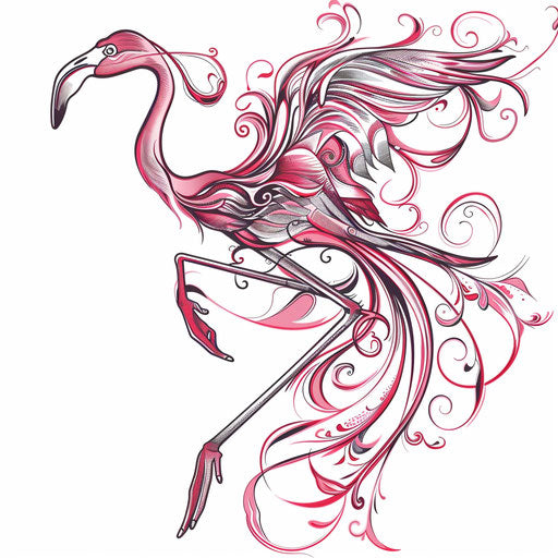 Elegant flamingo tattoo design in Art Nouveau style with flowing lines and natural motifs