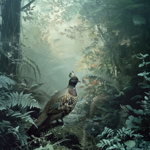 Quail bird in a surreal, dreamy woodland, in the style of Simen Johan