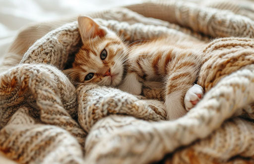 A kitten lying on a blanket, joyful and whimsical