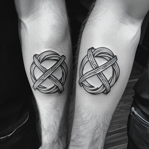 Father son tattoos of Celtic knots, symbolizing eternal bond, Ed Hardy style