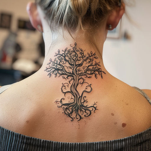 Back neck tattoo of an Elvish tree, Peter Jackson style