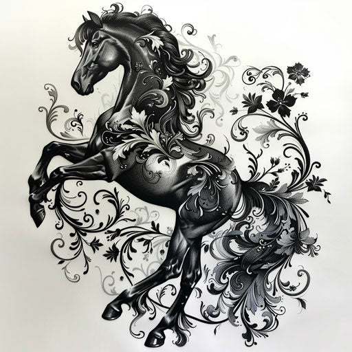 Elegant flat drawing of a dark horse with Victorian floral patterns