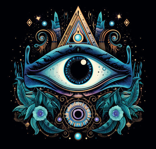Black and blue all-seeing eye with crescent moon symbol, whimsical illustrations, Australian motifs, limited palette